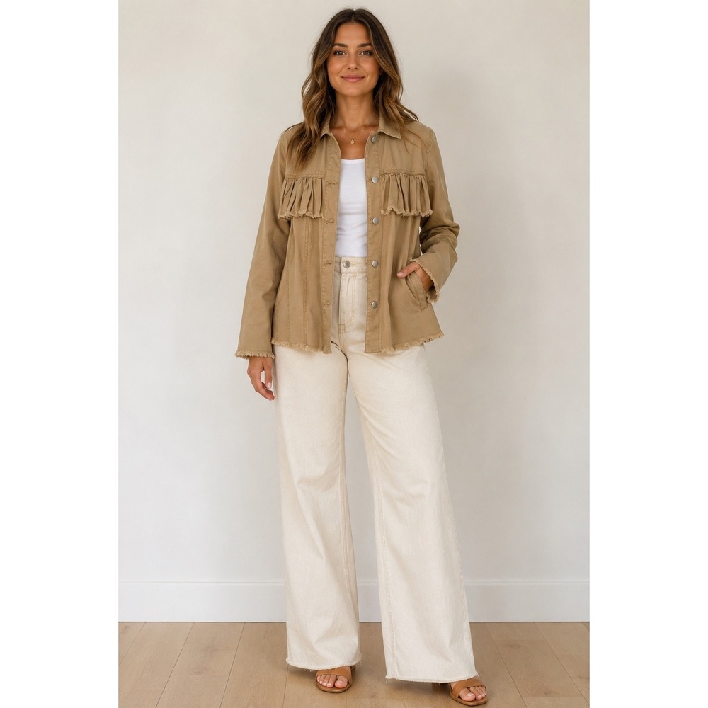 NWT Abound XL Tan Cotton Ruffle Swing Jacket Raw Hem Snap Front Boho Utility
